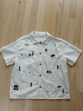 Zara Boys Embroidered Shirt- White Short Sleeve Beach Themed Embroidered Shirt